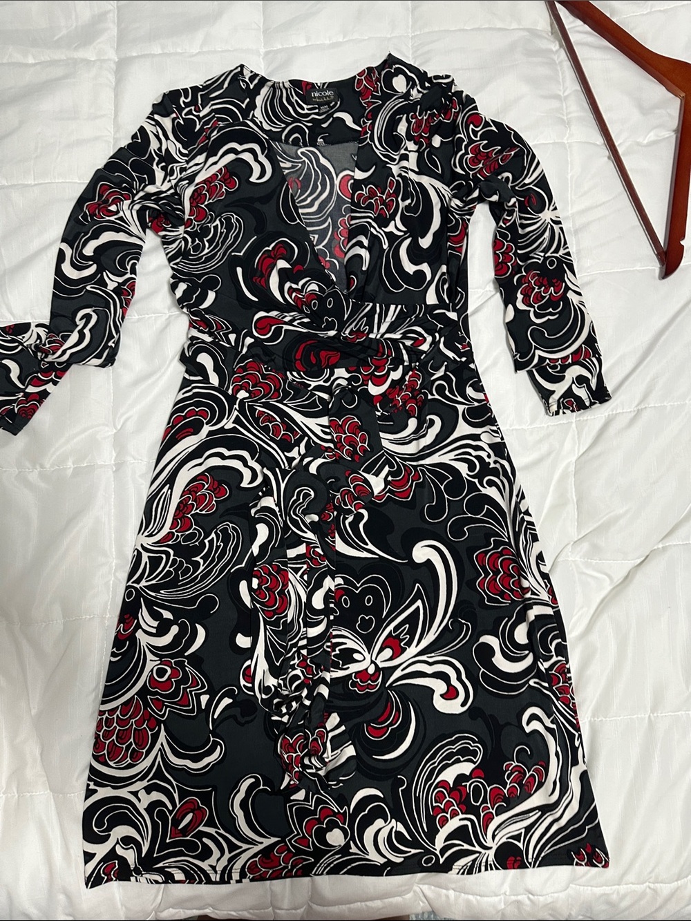 Nicole by Nicole Miller Black Floral-Print Wrap Dress with Red & White Accents